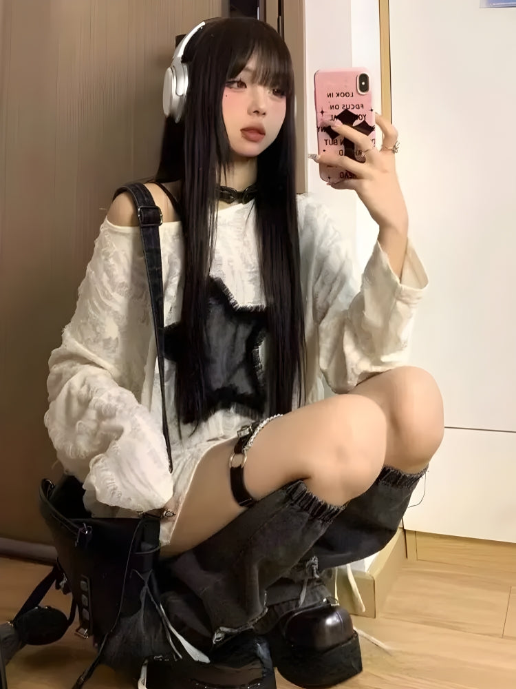 Stylish Work Outfits, Outfit Summer Ideas Y2K Grunge Star Distressed Sweater Stylish Work Outfits, Outfit Summer Ideas Y2K Grunge Star Distressed Sweater