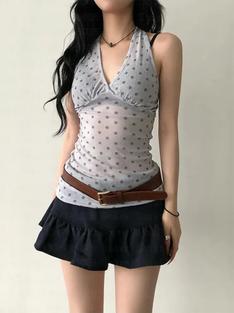 Stylish Work Outfits, Outfit Summer Ideas Y2K Halter Neck Polka Dot Top