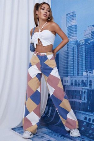 Stylish Work Outfits, Outfit Summer Ideas Y2K Harlequin Wide Leg Jeans