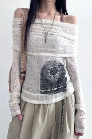 Stylish Work Outfits, Outfit Summer Ideas Y2K Heart & Swords Off Shoulder Top