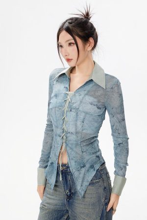 Stylish Work Outfits, Outfit Summer Ideas Y2K Lace Up Sheer Shirt