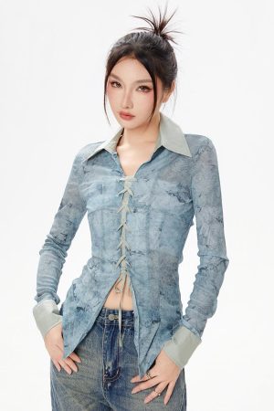 Stylish Work Outfits, Outfit Summer Ideas Y2K Lace Up Sheer Shirt