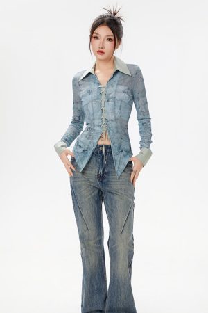 Stylish Work Outfits, Outfit Summer Ideas Y2K Lace Up Sheer Shirt