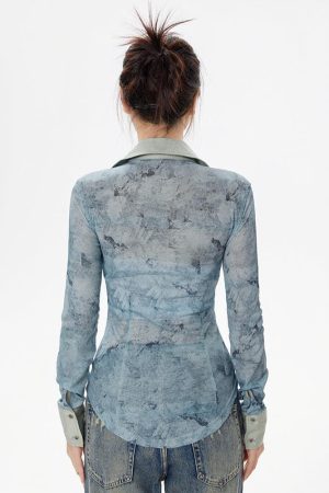 Stylish Work Outfits, Outfit Summer Ideas Y2K Lace Up Sheer Shirt