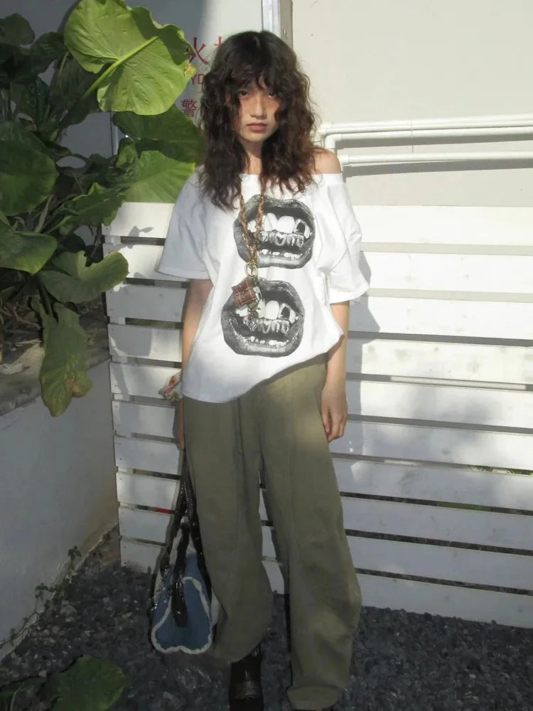Stylish Work Outfits, Outfit Summer Ideas Y2K One Shoulder Lips Tee Stylish Work Outfits, Outfit Summer Ideas Y2K One Shoulder Lips Tee