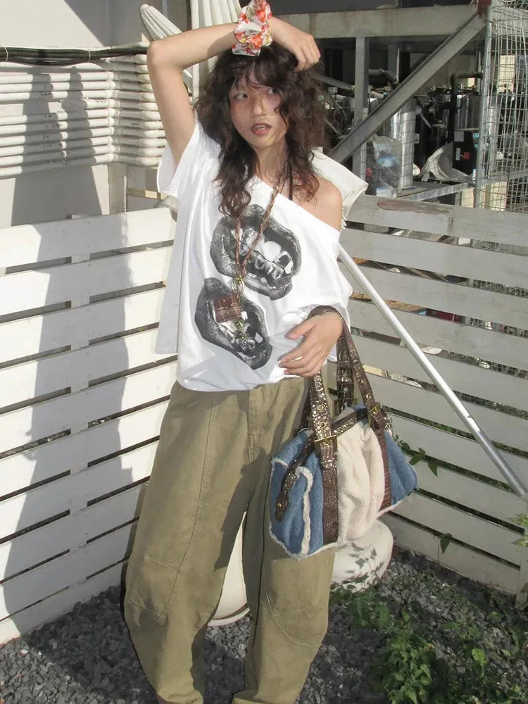 Stylish Work Outfits, Outfit Summer Ideas Y2K One Shoulder Lips Tee