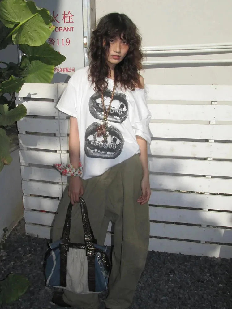 Stylish Work Outfits, Outfit Summer Ideas Y2K One Shoulder Lips Tee Stylish Work Outfits, Outfit Summer Ideas Y2K One Shoulder Lips Tee
