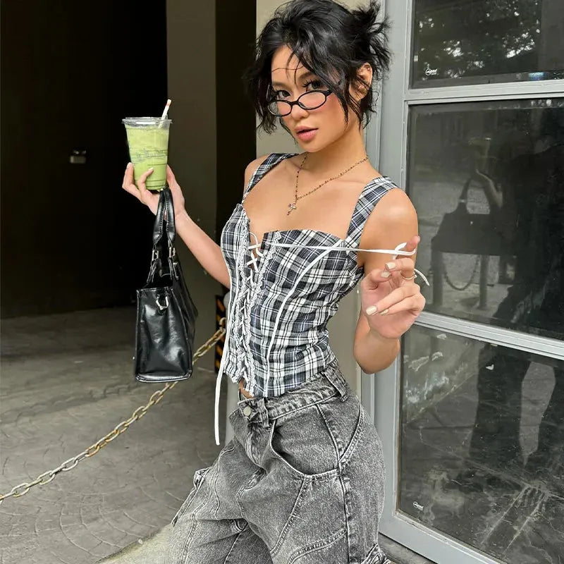 Stylish Work Outfits, Outfit Summer Ideas Y2K Plaid Lace Up Top