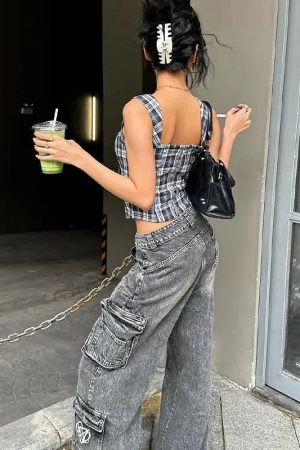 Stylish Work Outfits, Outfit Summer Ideas Y2K Plaid Lace Up Top