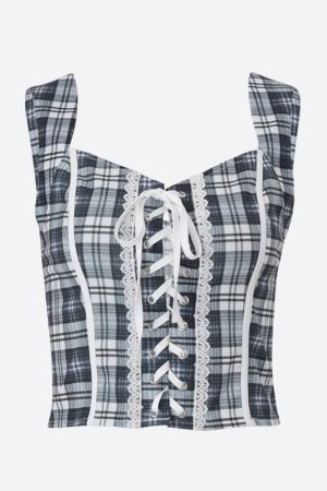 Stylish Work Outfits, Outfit Summer Ideas Y2K Plaid Lace Up Top