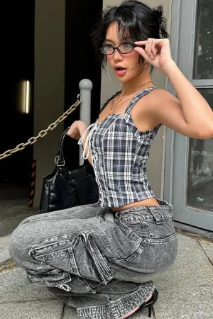 Stylish Work Outfits, Outfit Summer Ideas Y2K Plaid Lace Up Top