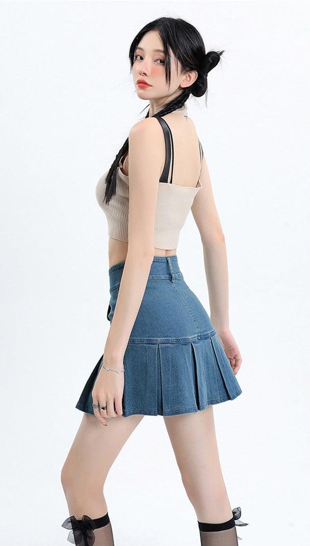 Stylish Work Outfits, Outfit Summer Ideas Y2K Pleated Jean Mini Skort