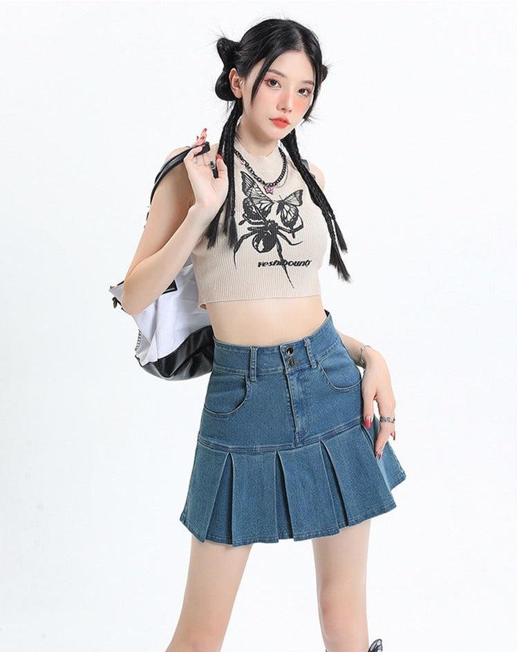 Stylish Work Outfits, Outfit Summer Ideas Y2K Pleated Jean Mini Skort Stylish Work Outfits, Outfit Summer Ideas Y2K Pleated Jean Mini Skort