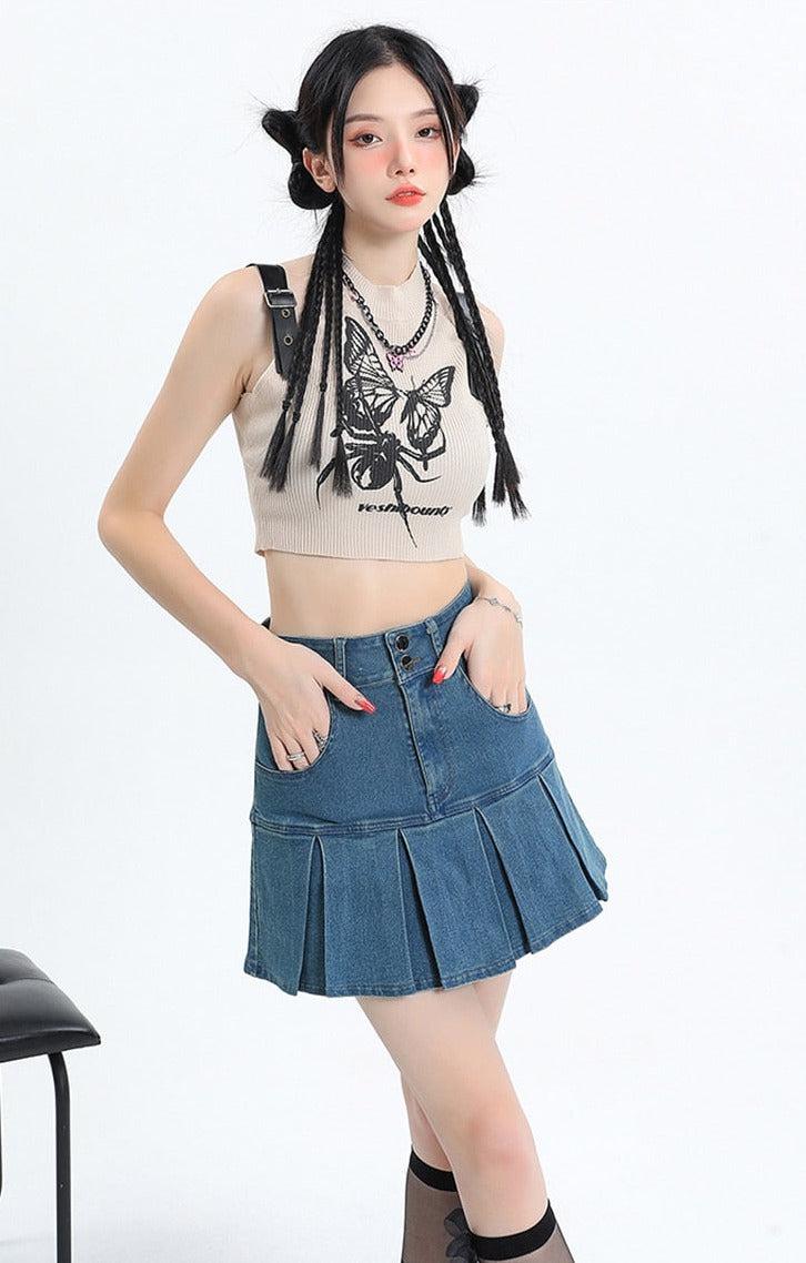 Stylish Work Outfits, Outfit Summer Ideas Y2K Pleated Jean Mini Skort