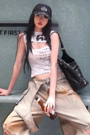 Stylish Work Outfits, Outfit Summer Ideas Y2K Printed Cut Out Top