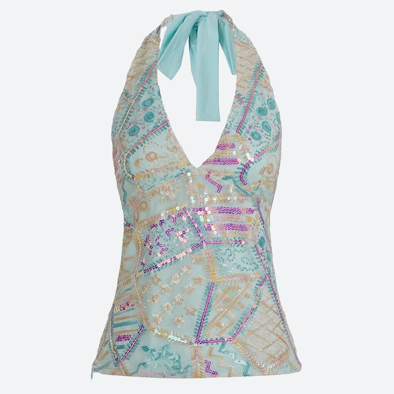 Stylish Work Outfits, Outfit Summer Ideas Y2K Sequined Halter Top Stylish Work Outfits, Outfit Summer Ideas Y2K Sequined Halter Top