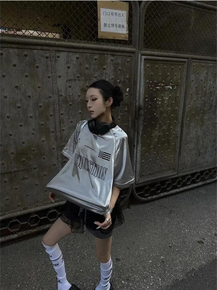 Stylish Work Outfits, Outfit Summer Ideas Y2K Silver Oversized Tee Stylish Work Outfits, Outfit Summer Ideas Y2K Silver Oversized Tee