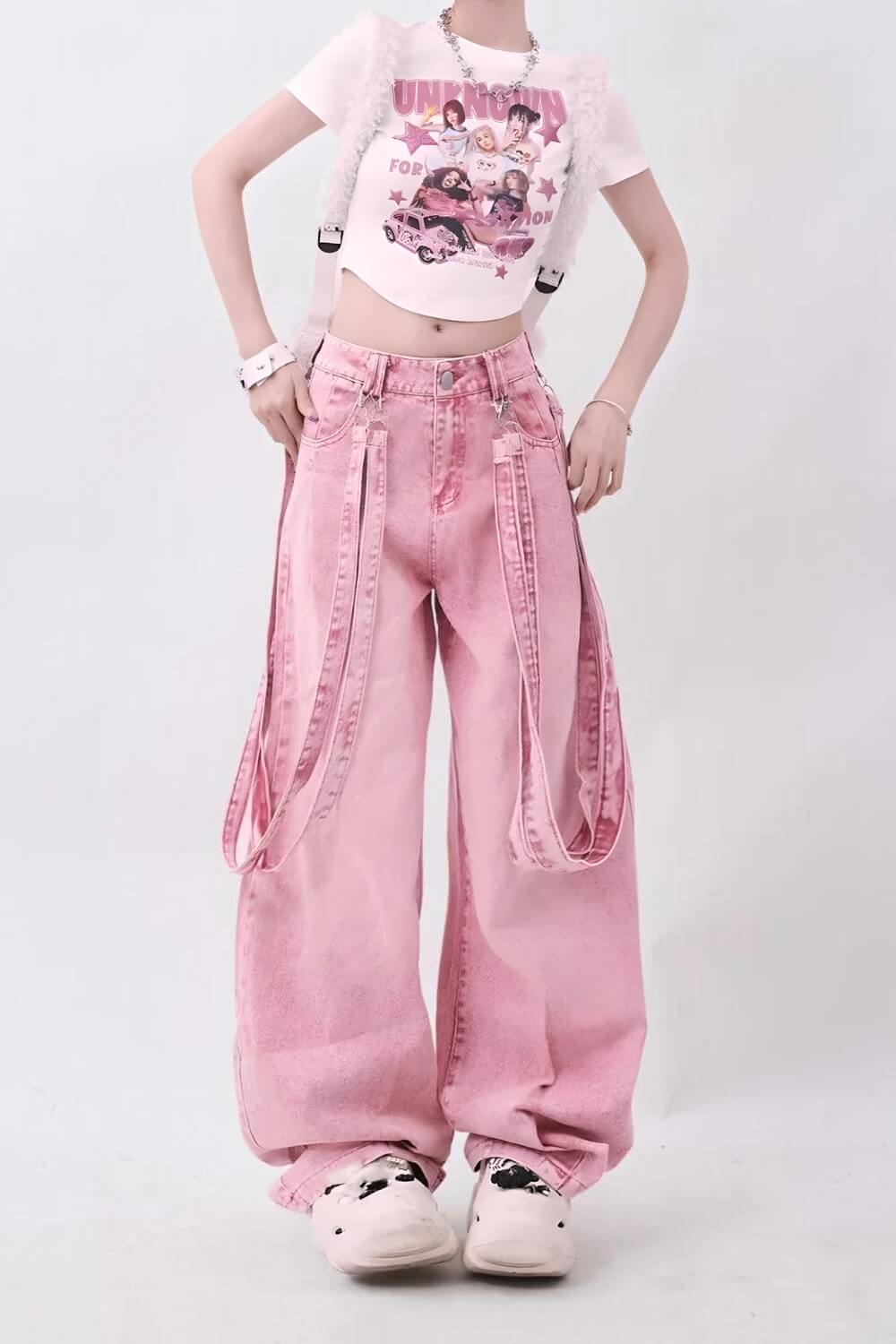 Stylish Work Outfits, Outfit Summer Ideas Y2K Soft Girl Double Belted Baggy Jeans