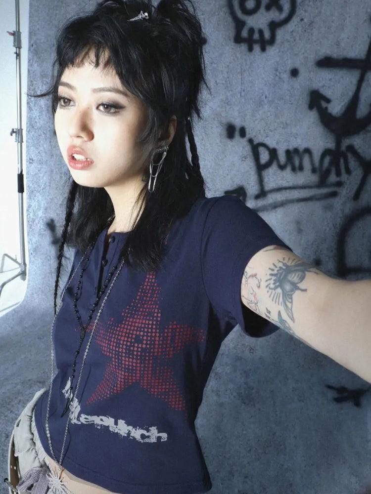 Stylish Work Outfits, Outfit Summer Ideas Y2K Star Button-Up Tee Stylish Work Outfits, Outfit Summer Ideas Y2K Star Button-Up Tee