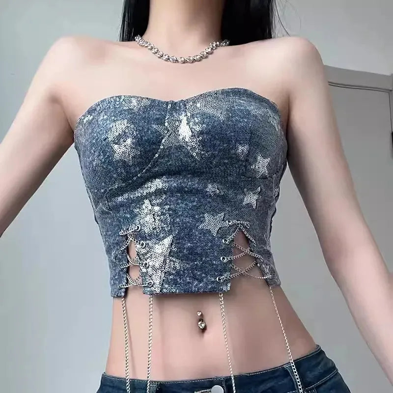 Stylish Work Outfits, Outfit Summer Ideas Y2K Star Sequined Crop Top