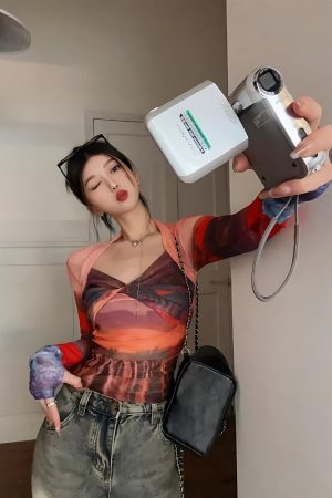 Stylish Work Outfits, Outfit Summer Ideas Y2K Sunset Mesh Top