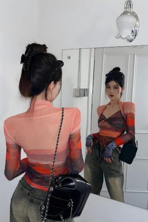 Stylish Work Outfits, Outfit Summer Ideas Y2K Sunset Mesh Top