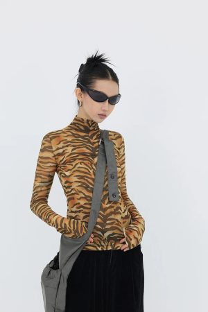 Stylish Work Outfits, Outfit Summer Ideas Y2K Tiger Mesh Top