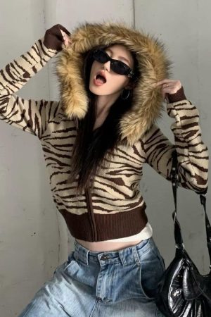 Stylish Work Outfits, Outfit Summer Ideas Y2K Zebra Hooded Cardigan