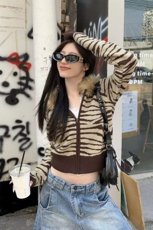 Stylish Work Outfits, Outfit Summer Ideas Y2K Zebra Hooded Cardigan