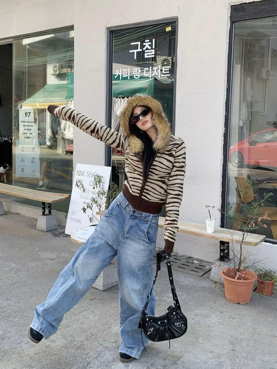 Stylish Work Outfits, Outfit Summer Ideas Y2K Zebra Hooded Cardigan Stylish Work Outfits, Outfit Summer Ideas Y2K Zebra Hooded Cardigan