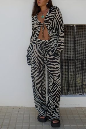 Stylish Work Outfits, Outfit Summer Ideas Zebra Tie Up Blouse & Pants Two Piece Set