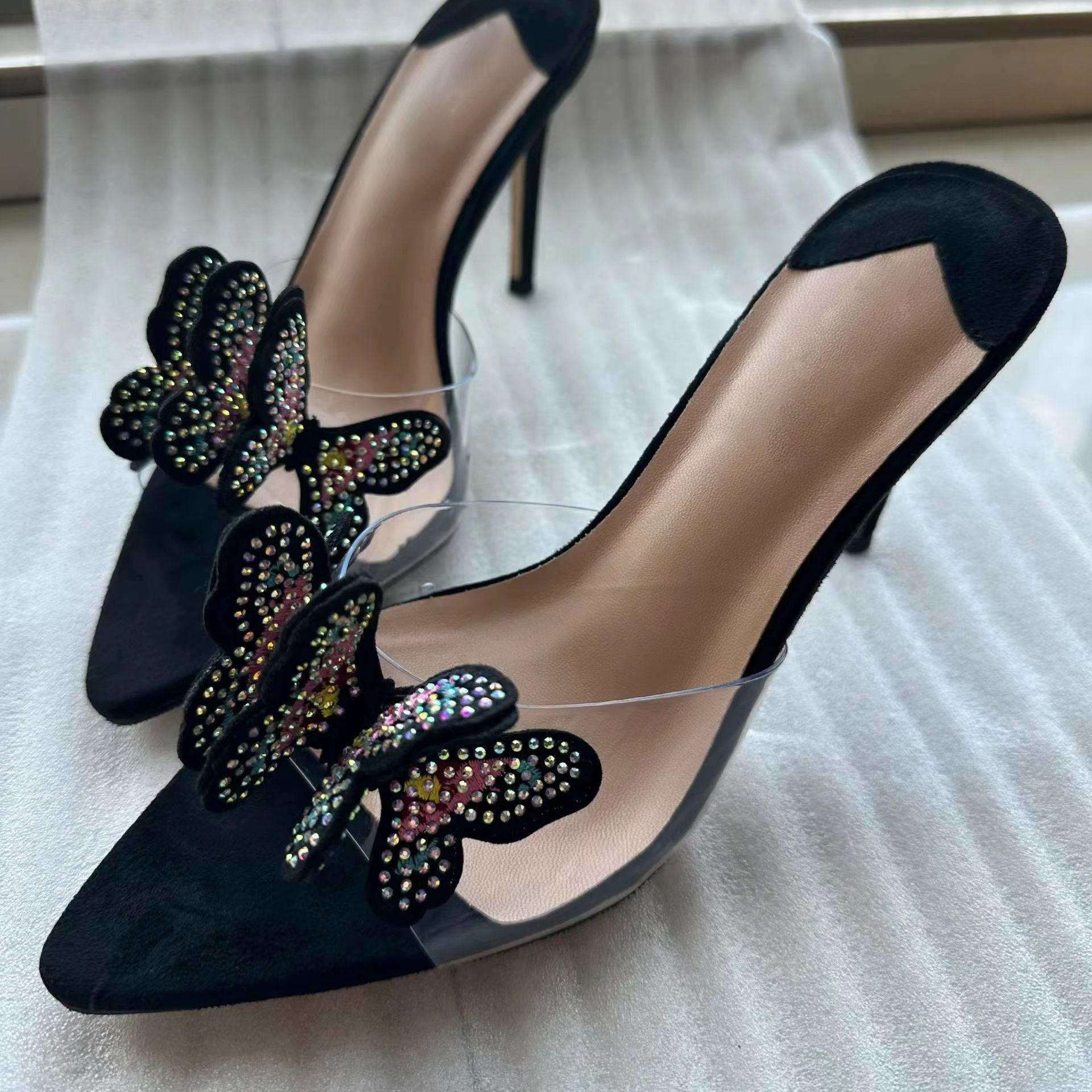 Summer 2025 Butterfly Rhinestone Sandals for Women - Transparent One-Strap Thin Heel Fairy High Heeled Slippers Summer 2025 Butterfly Rhinestone Sandals for Women - Transparent One-Strap Thin Heel Fairy High Heeled Slippers