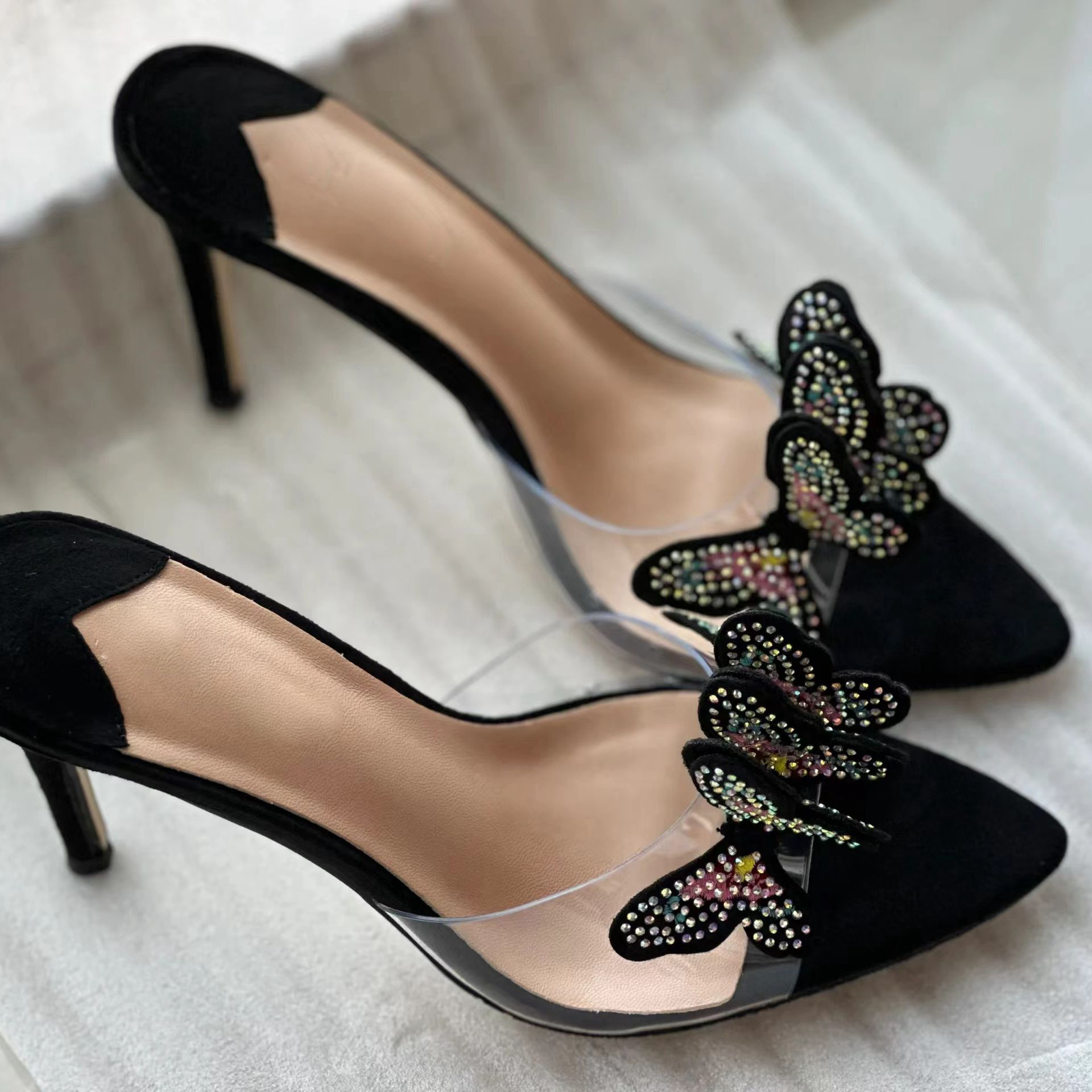 Summer 2025 Butterfly Rhinestone Sandals for Women - Transparent One-Strap Thin Heel Fairy High Heeled Slippers Summer 2025 Butterfly Rhinestone Sandals for Women - Transparent One-Strap Thin Heel Fairy High Heeled Slippers