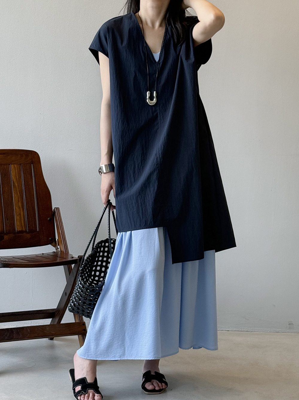 Summer 2025 Irregular V-Neck Top and Camisole Dress Set for Women - Youthful, Fashionable Two-Piece Outfit Summer 2025 Irregular V-Neck Top and Camisole Dress Set for Women - Youthful, Fashionable Two-Piece Outfit