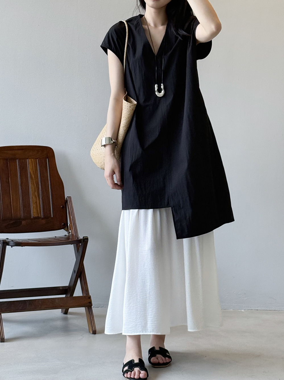 Summer 2025 Irregular V-Neck Top and Camisole Dress Set for Women - Youthful, Fashionable Two-Piece Outfit Summer 2025 Irregular V-Neck Top and Camisole Dress Set for Women - Youthful, Fashionable Two-Piece Outfit