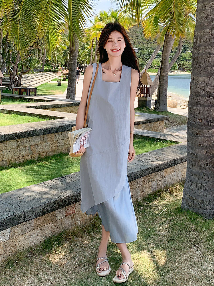 Summer 2025 Korean-Style Sleeveless Spliced Tank Dress for Women - Elegant French-Inspired Long Dress