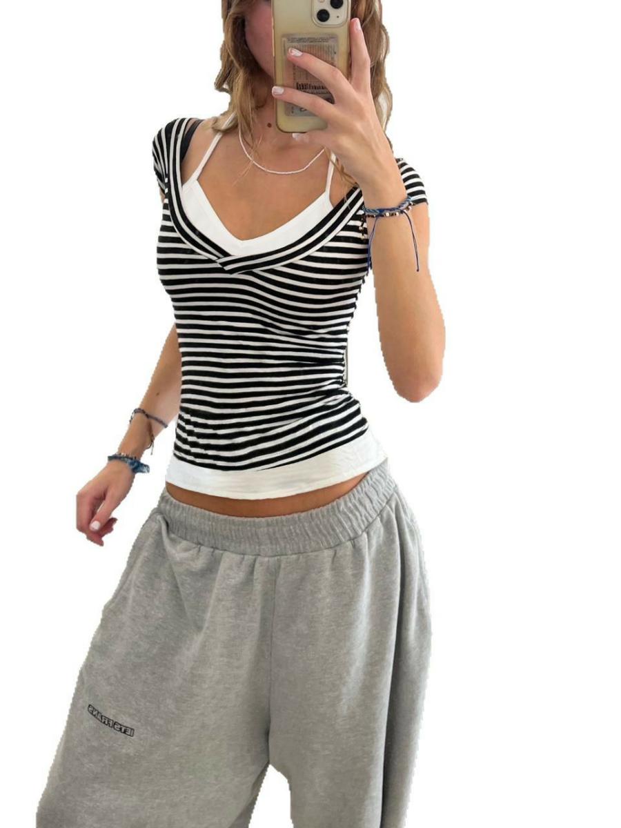 Summer 2025 Women's Casual Halter Striped Color-Blocking V-Neck T-Shirt - Versatile Basic Fake Two-Piece Short Sleeve Top Summer 2025 Women's Casual Halter Striped Color-Blocking V-Neck T-Shirt - Versatile Basic Fake Two-Piece Short Sleeve Top