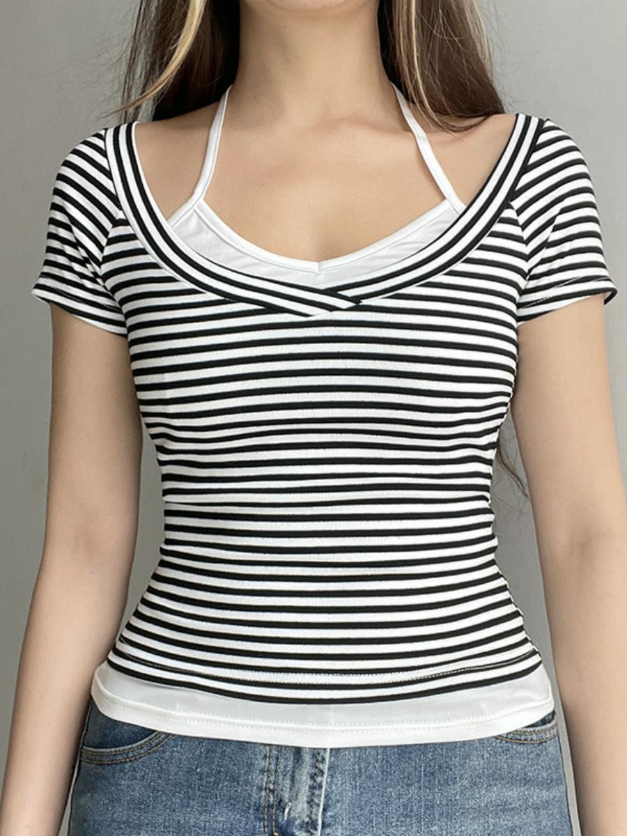 Summer 2025 Women's Casual Halter Striped Color-Blocking V-Neck T-Shirt - Versatile Basic Fake Two-Piece Short Sleeve Top Summer 2025 Women's Casual Halter Striped Color-Blocking V-Neck T-Shirt - Versatile Basic Fake Two-Piece Short Sleeve Top