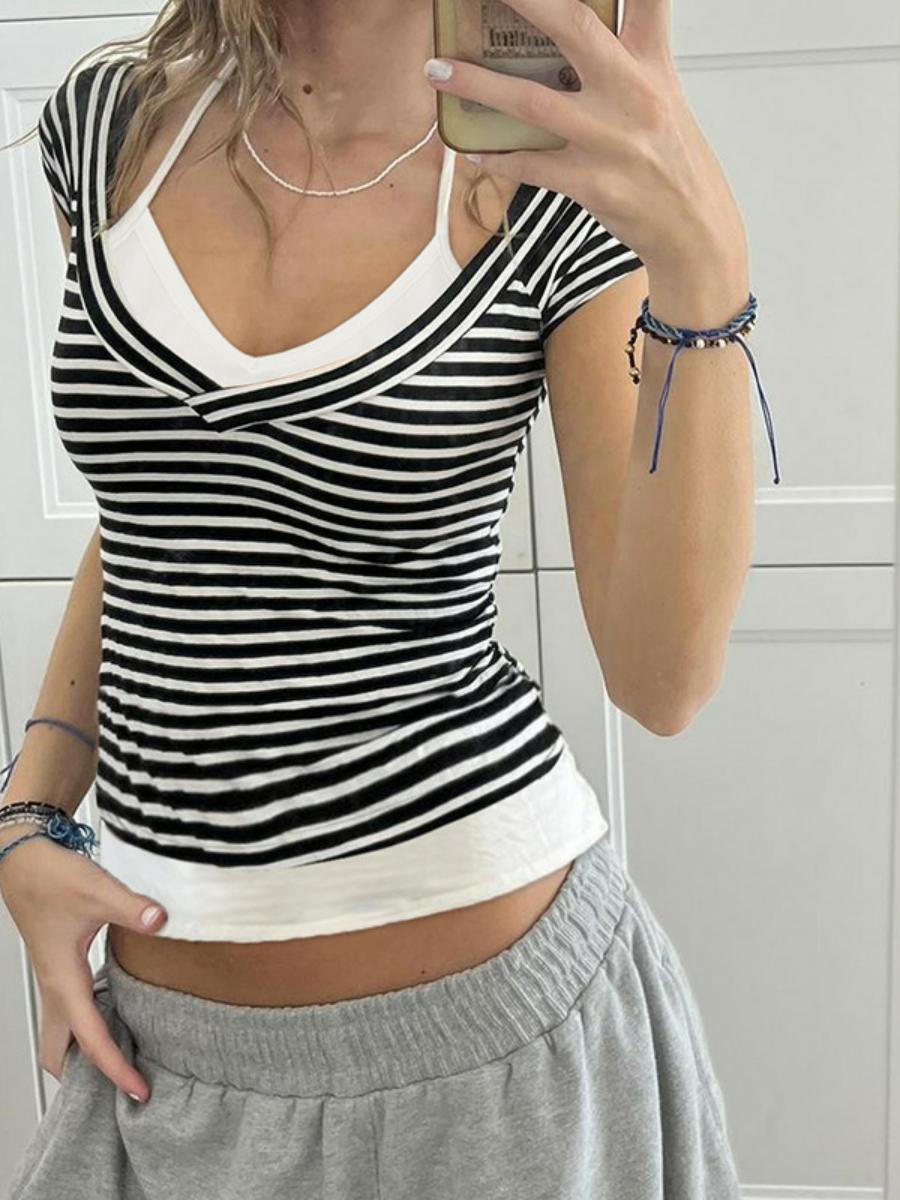 Summer 2025 Women's Casual Halter Striped Color-Blocking V-Neck T-Shirt - Versatile Basic Fake Two-Piece Short Sleeve Top