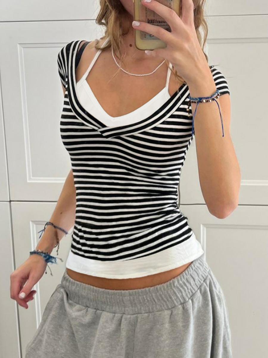 Summer 2025 Women's Casual Halter Striped Color-Blocking V-Neck T-Shirt - Versatile Basic Fake Two-Piece Short Sleeve Top Summer 2025 Women's Casual Halter Striped Color-Blocking V-Neck T-Shirt - Versatile Basic Fake Two-Piece Short Sleeve Top