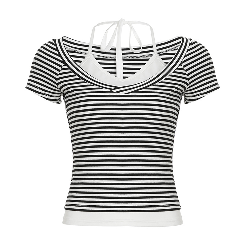 Summer 2025 Women's Casual Halter Striped Color-Blocking V-Neck T-Shirt - Versatile Basic Fake Two-Piece Short Sleeve Top