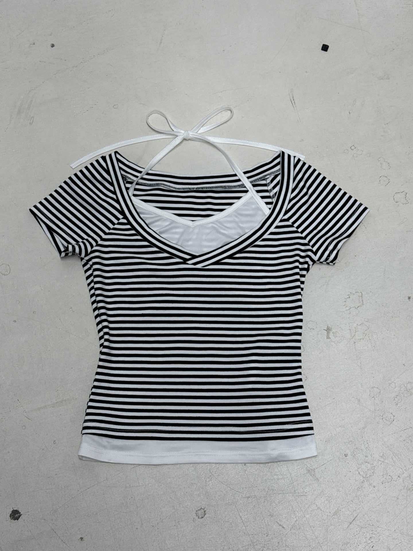 Summer 2025 Women's Casual Halter Striped Color-Blocking V-Neck T-Shirt - Versatile Basic Fake Two-Piece Short Sleeve Top Summer 2025 Women's Casual Halter Striped Color-Blocking V-Neck T-Shirt - Versatile Basic Fake Two-Piece Short Sleeve Top