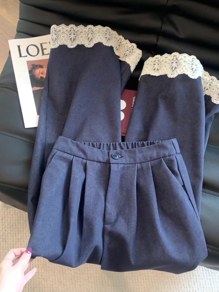 Summer 2025 Women's Deep Blue Lace Spliced Straight-Leg Jeans - Loose and Slimming Wide-Leg Design