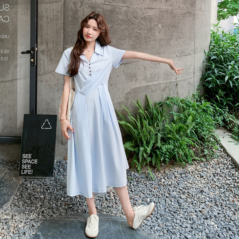 Summer 2025 Women's French Blue Polo Collar Dress, A-Line Long Skirt, Waist-Cinching, Slimming, Age-Reducing Trend