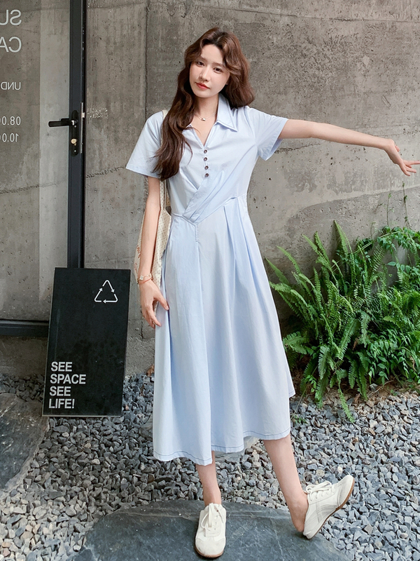 Summer 2025 Women's French Blue Polo Collar Dress, A-Line Long Skirt, Waist-Cinching, Slimming, Age-Reducing Trend