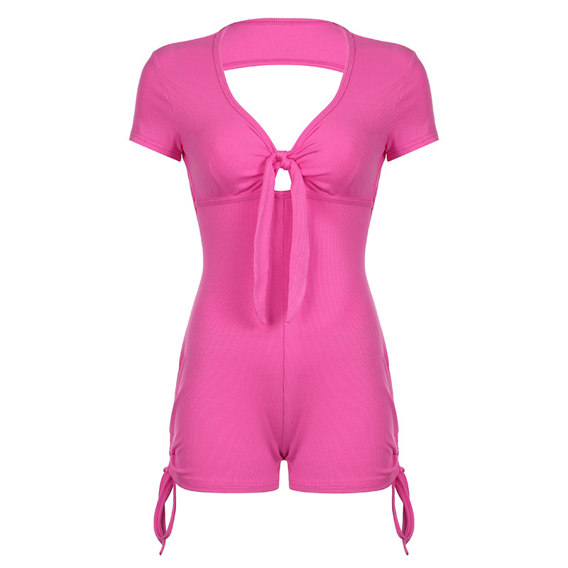 Summer Backless Drawstring Sports Romper with Ruffles â€“ Sexy European American Style Jumpsuit for 2025 Fashion Trends