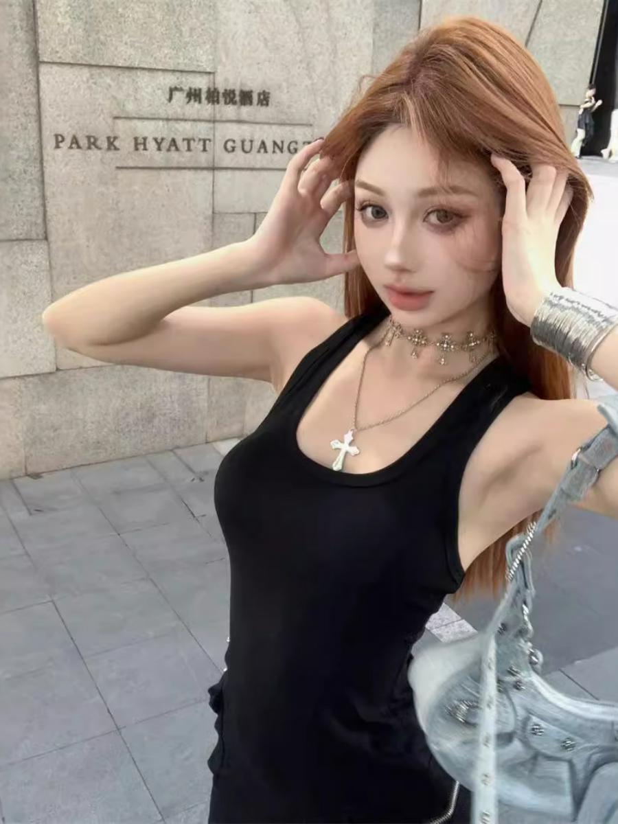 Summer Black Bodycon Tank Dress for Women - Sleeveless American Style, Slim-Fit Waist-Cinching Short Skirt, Polyester