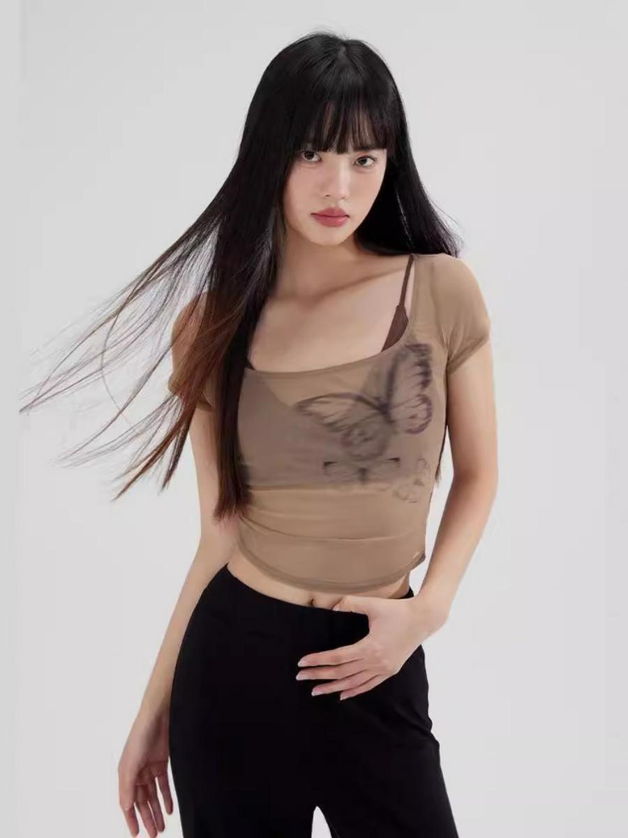 Summer Butterfly Print Mesh Camisole and Short-Sleeve T-Shirt Women's Two-Piece Set - Trendy Niche Style for Y2K Fashion Summer Butterfly Print Mesh Camisole and Short-Sleeve T-Shirt Women's Two-Piece Set - Trendy Niche Style for Y2K Fashion