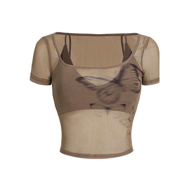 Summer Butterfly Print Mesh Camisole and Short-Sleeve T-Shirt Women's Two-Piece Set - Trendy Niche Style for Y2K Fashion