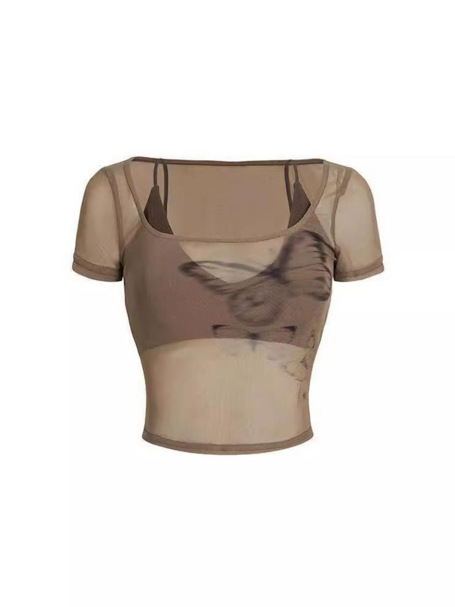 Summer Butterfly Print Mesh Camisole and Short-Sleeve T-Shirt Women's Two-Piece Set - Trendy Niche Style for Y2K Fashion Summer Butterfly Print Mesh Camisole and Short-Sleeve T-Shirt Women's Two-Piece Set - Trendy Niche Style for Y2K Fashion